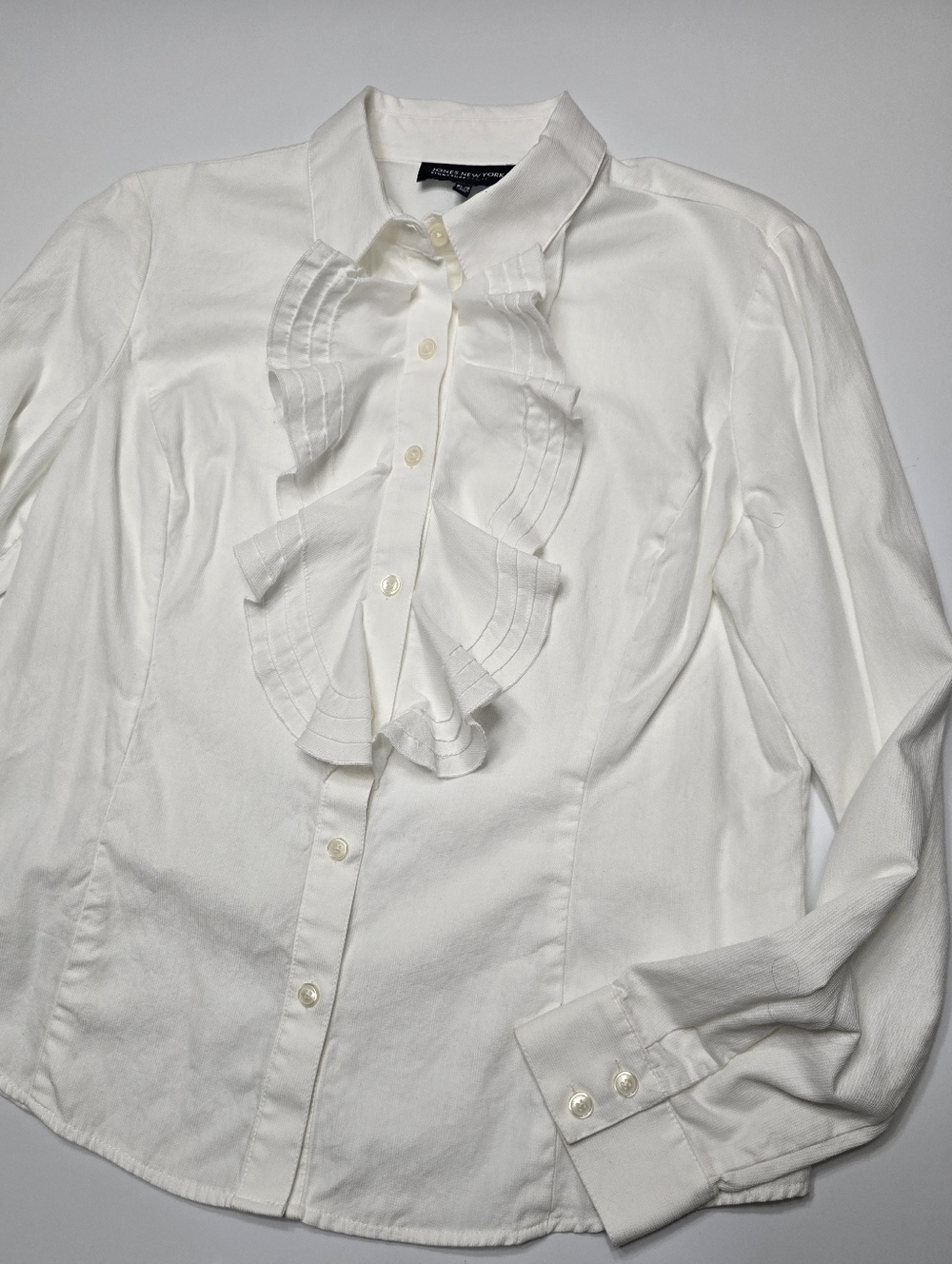 Jones New York Petites Ruffled Front White Button-Up Blouse
